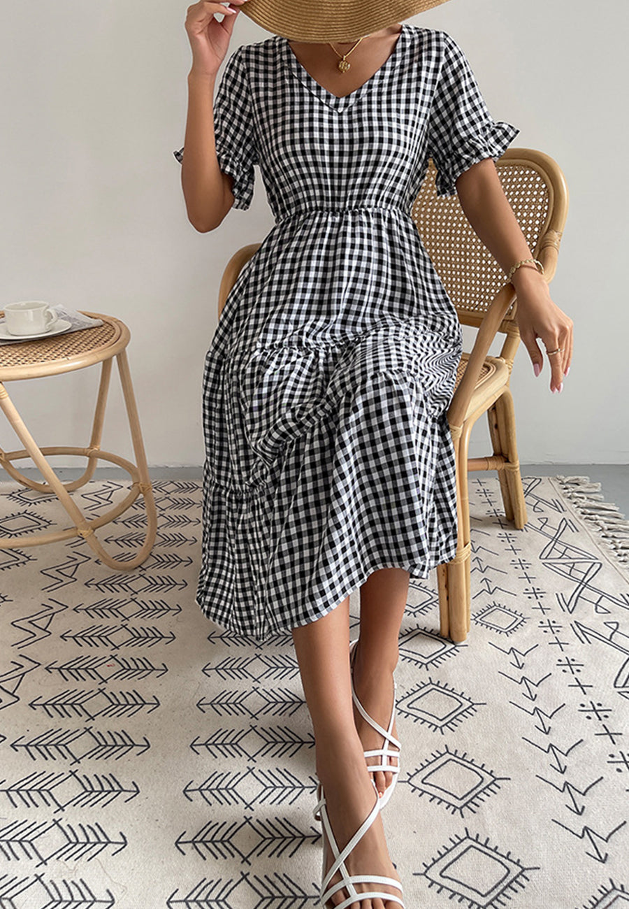 Gingham Print Short Sleeve Dress