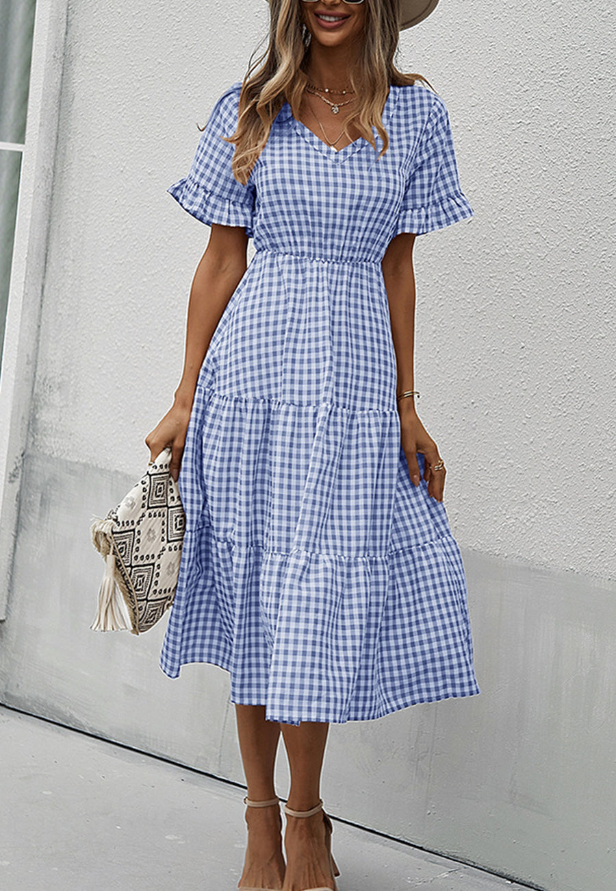 Gingham Print Short Sleeve Dress