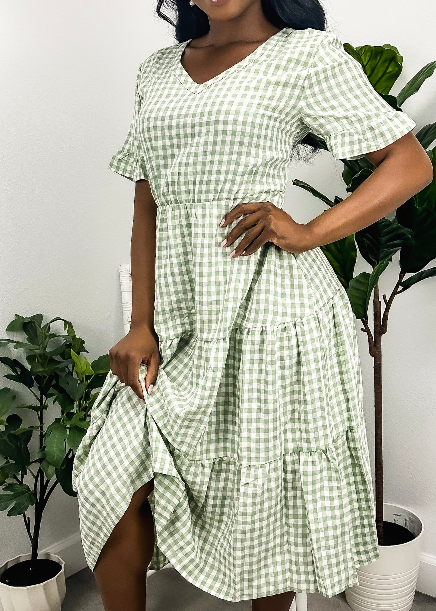 Gingham Print Short Sleeve Dress