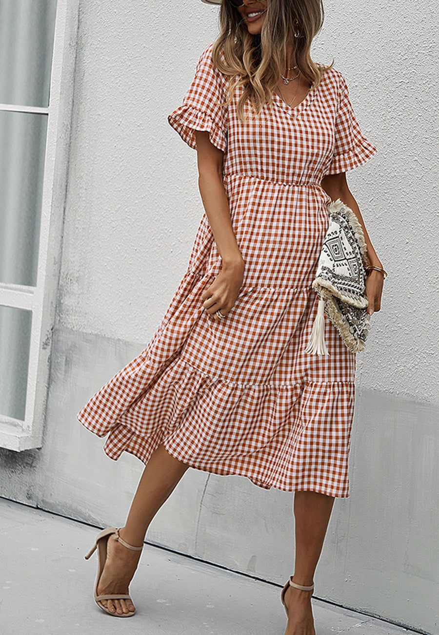 Gingham Print Short Sleeve Dress