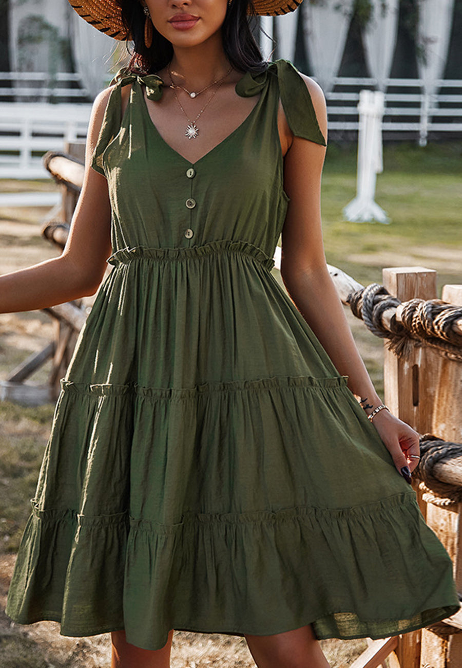 V Neck Tie Shoulder Tiered Dress