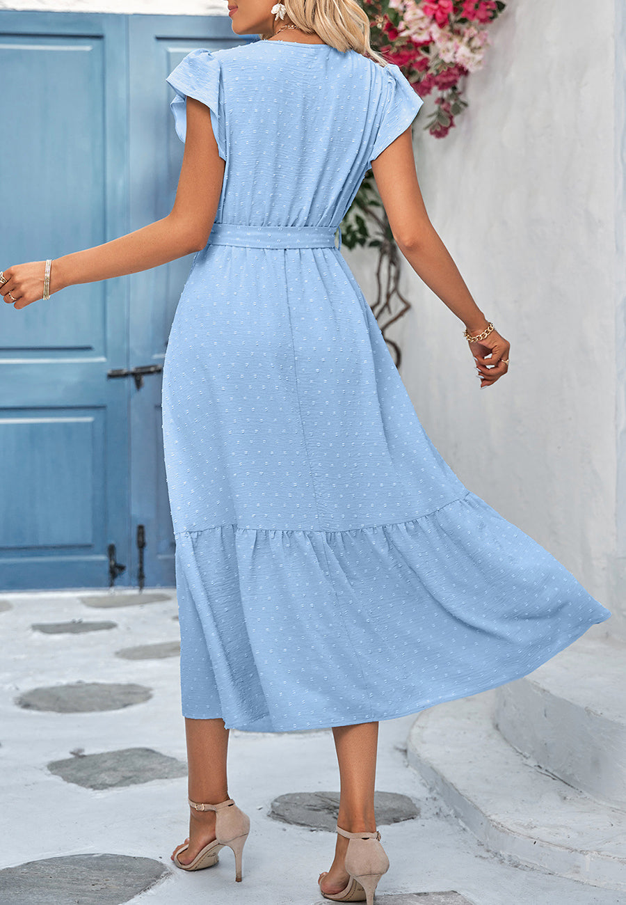 Vestido liso con escote cruzado y mangas abullonadas