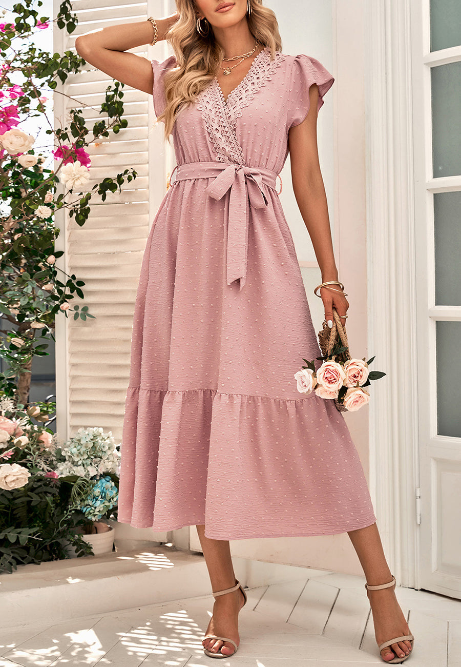 Vestido liso con escote cruzado y mangas abullonadas