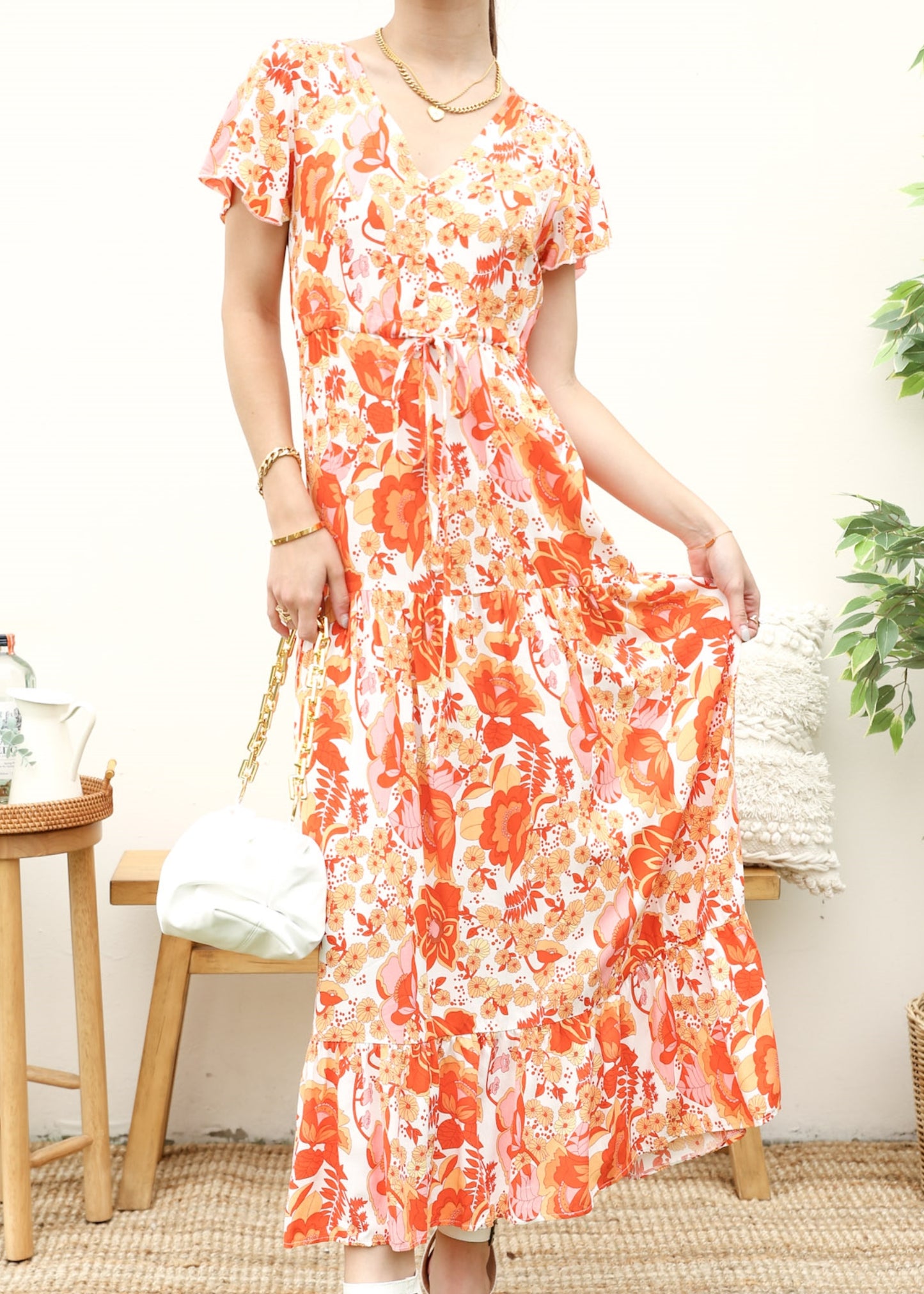 V Neck Tropical Print Maxi Dress