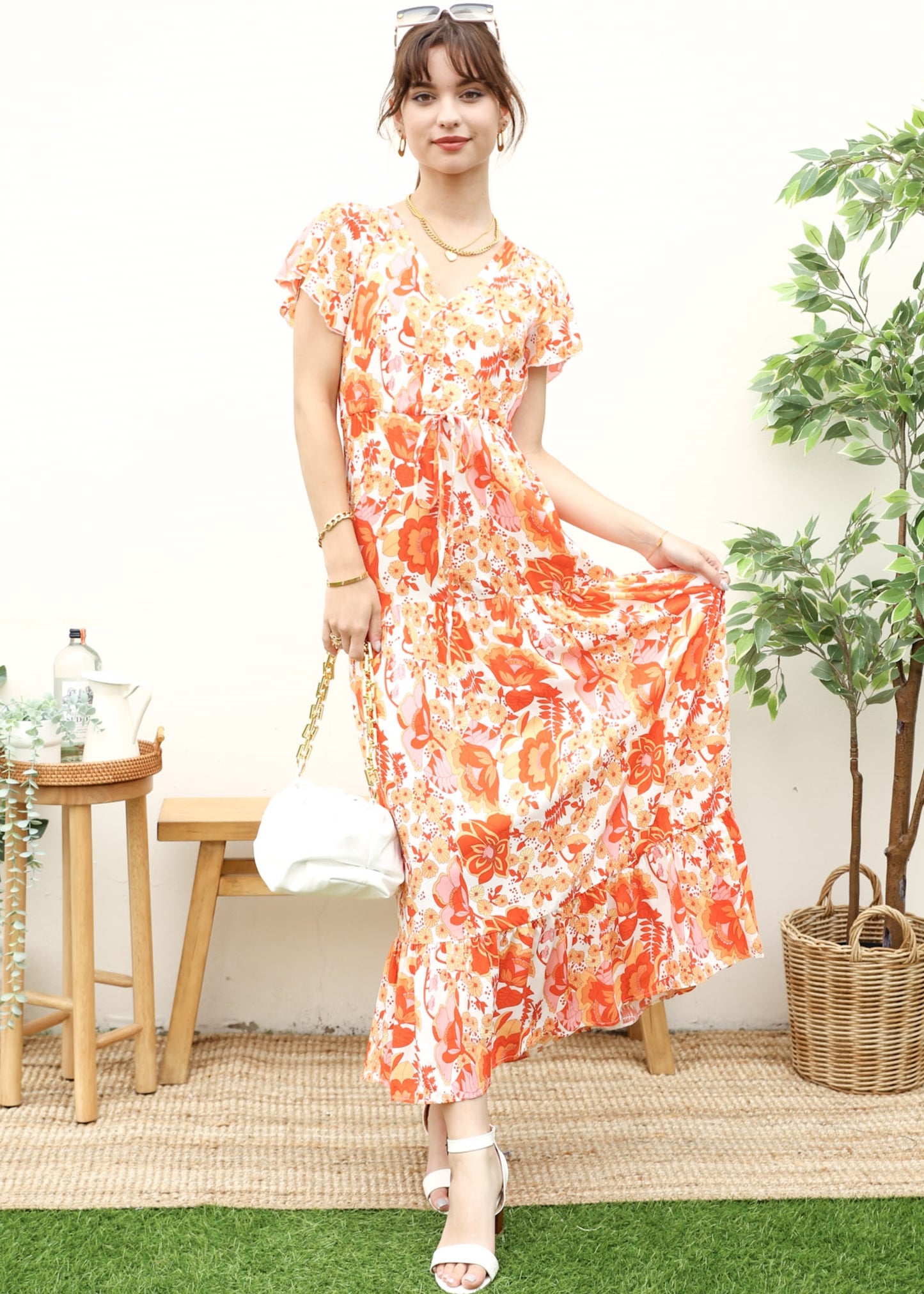 V Neck Tropical Print Maxi Dress