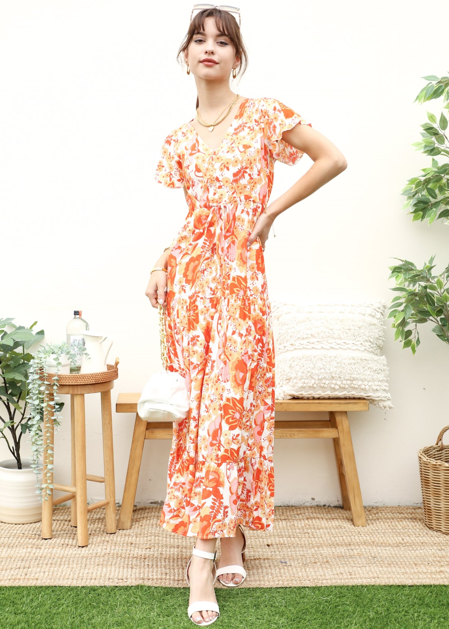 V Neck Tropical Print Maxi Dress