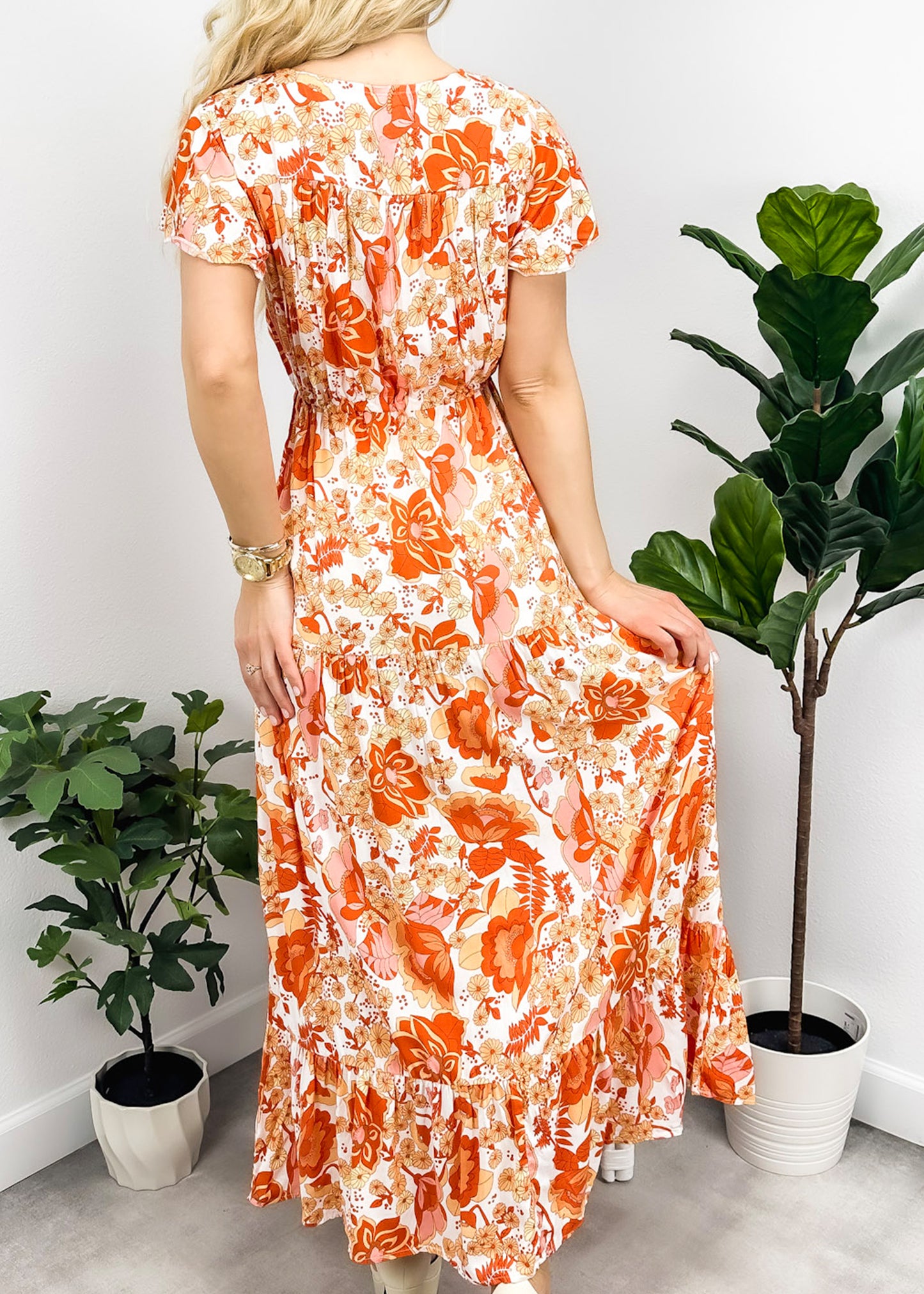 V Neck Tropical Print Maxi Dress