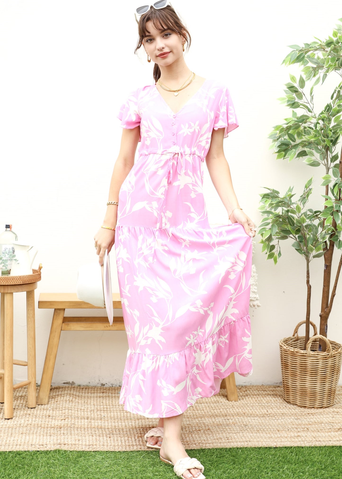 V Neck Tropical Print Maxi Dress