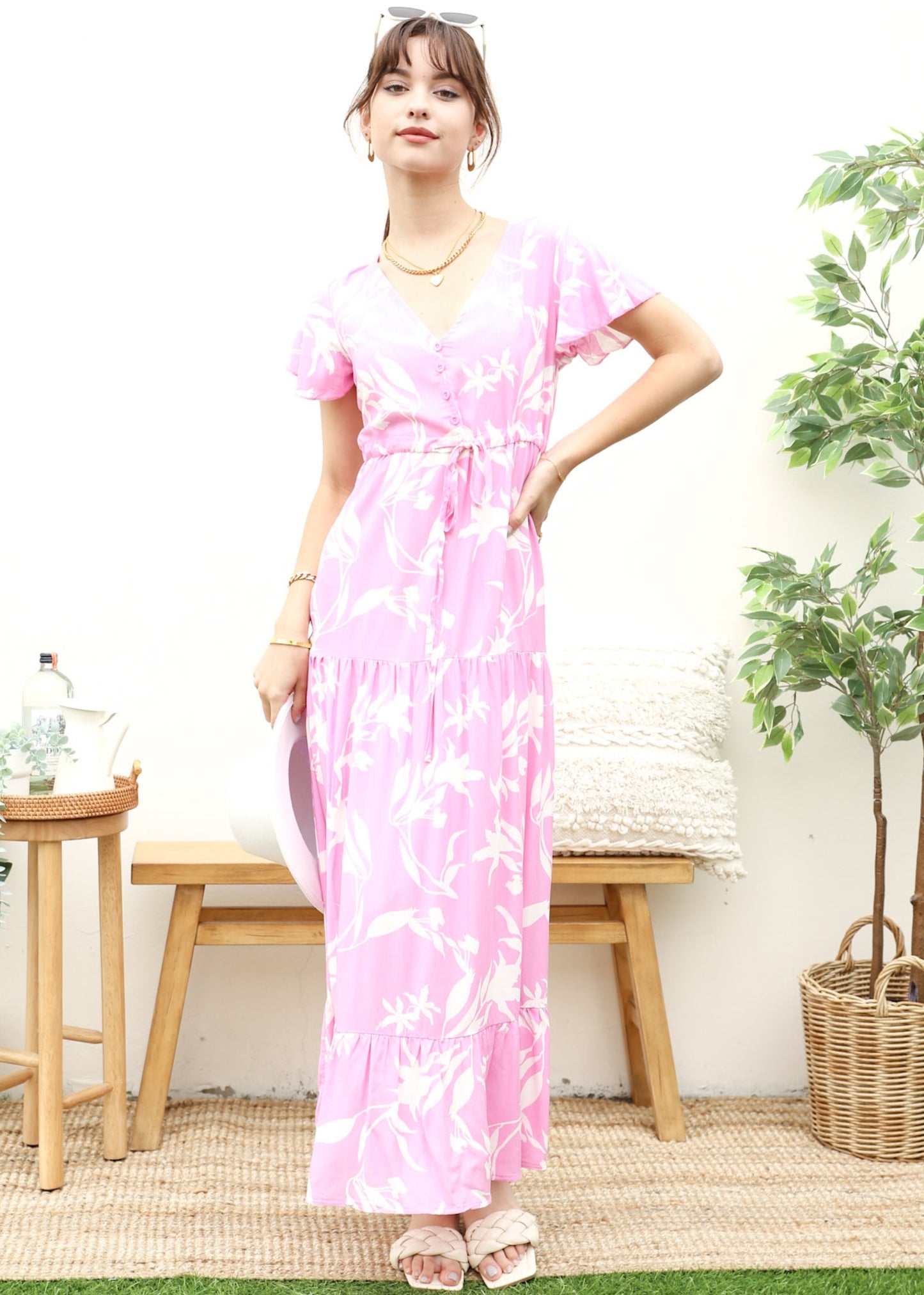 V Neck Tropical Print Maxi Dress