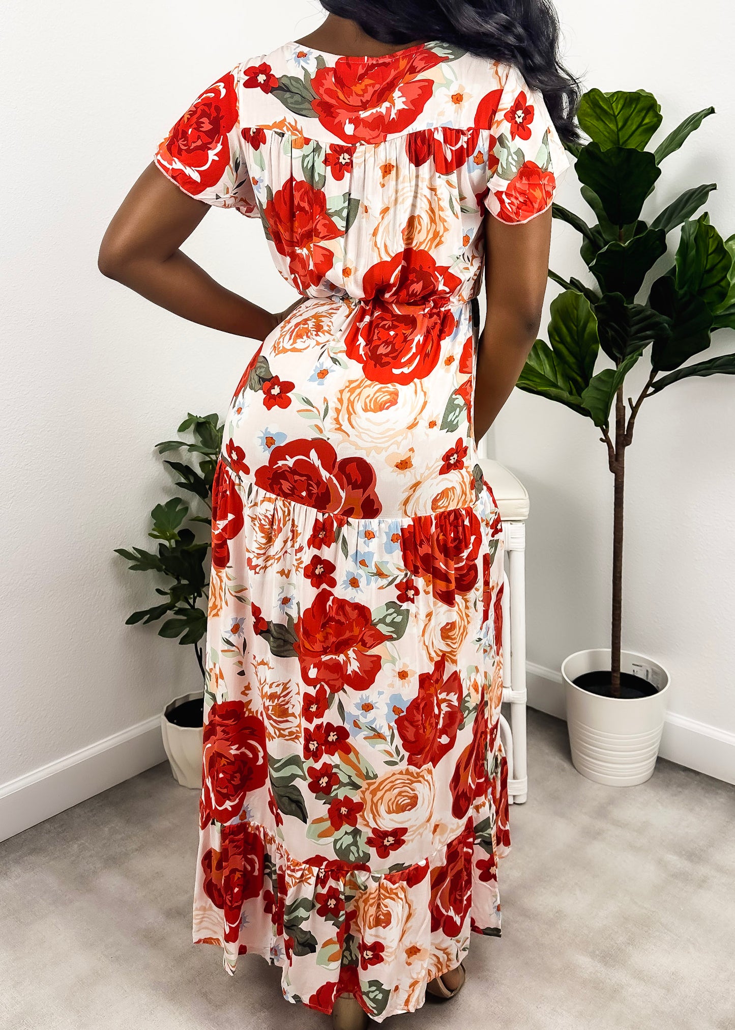 V Neck Tropical Print Maxi Dress