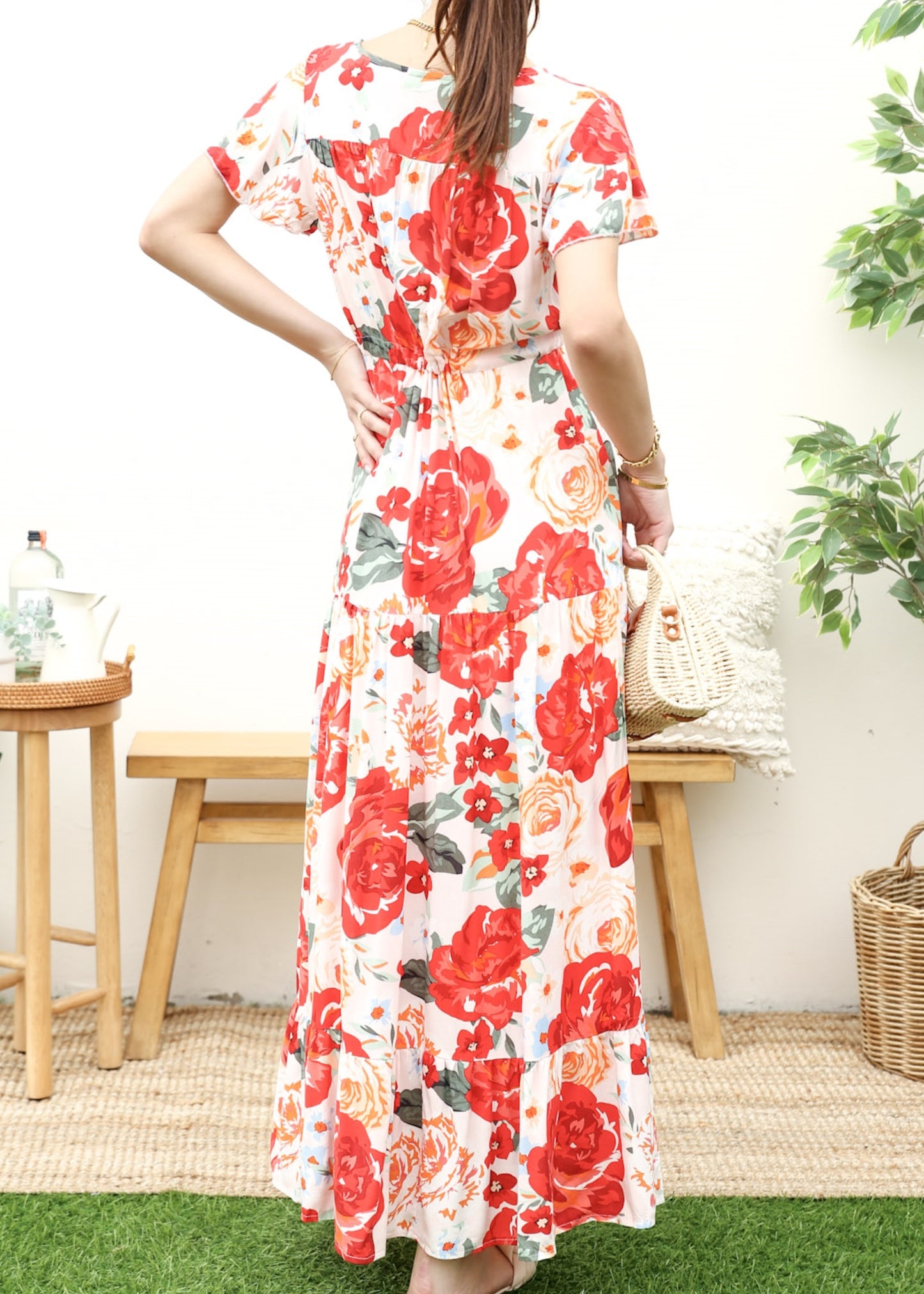 V Neck Tropical Print Maxi Dress