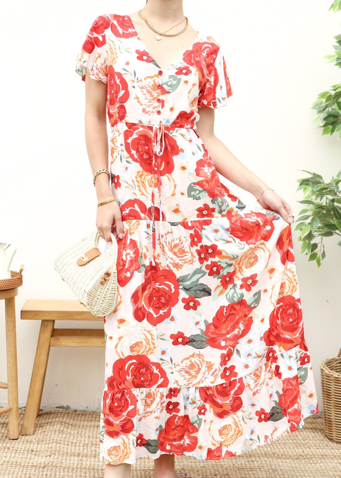 V Neck Tropical Print Maxi Dress
