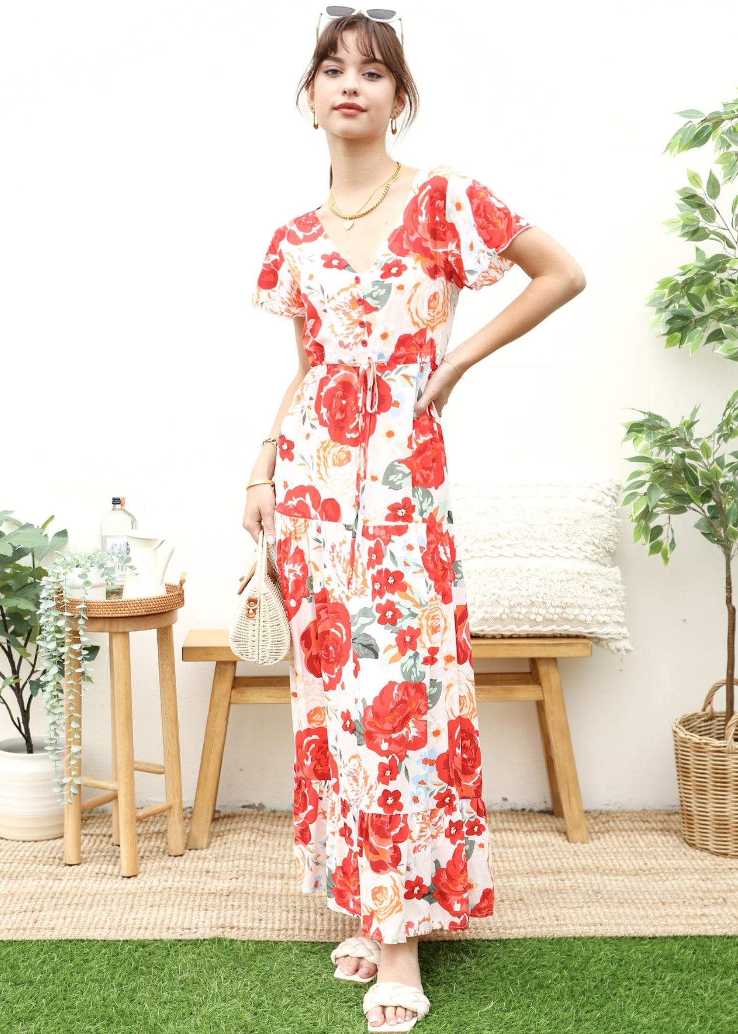 V Neck Tropical Print Maxi Dress