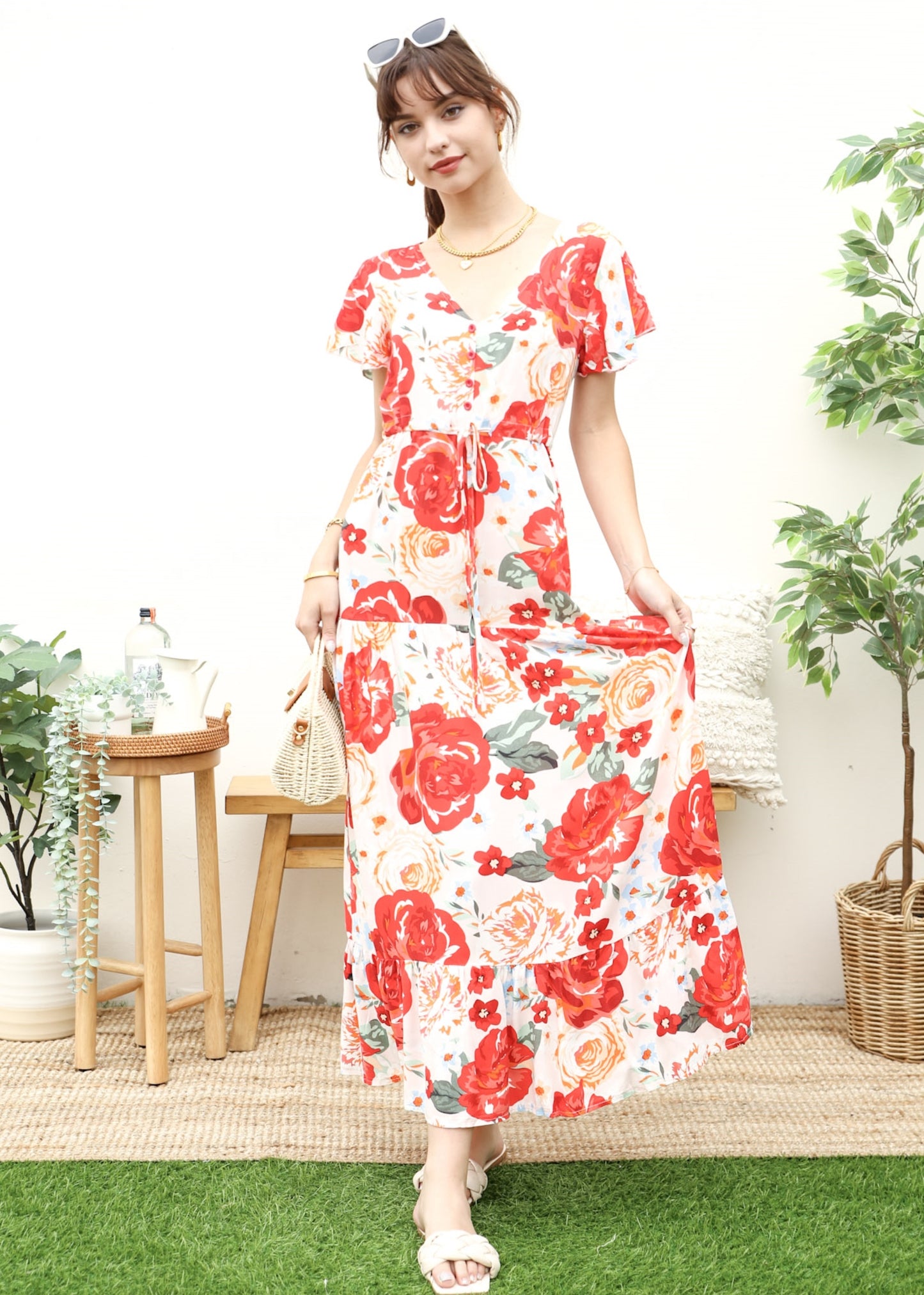 V Neck Tropical Print Maxi Dress