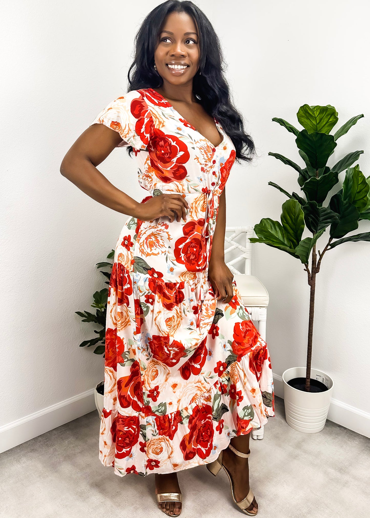 V Neck Tropical Print Maxi Dress