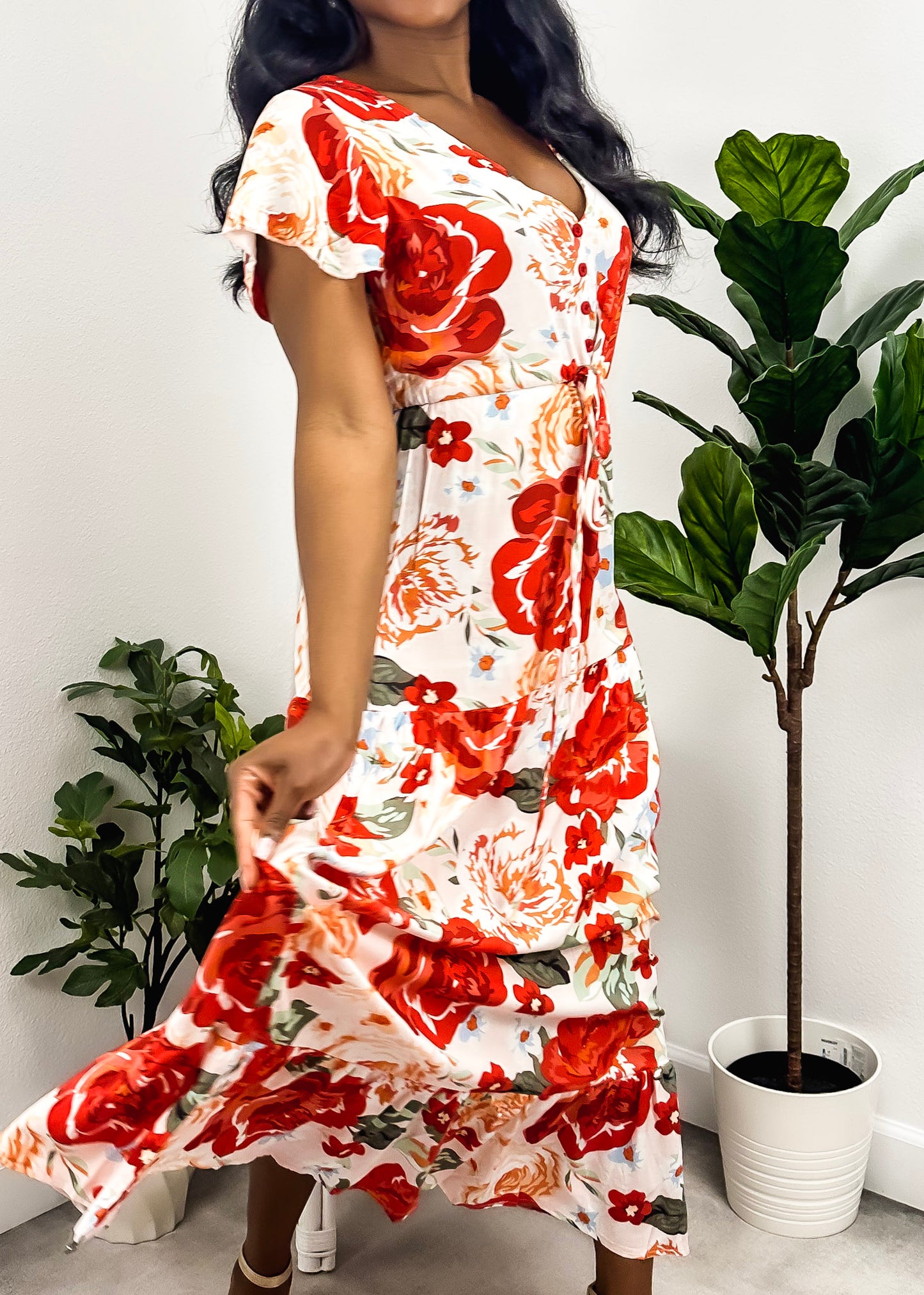 V Neck Tropical Print Maxi Dress