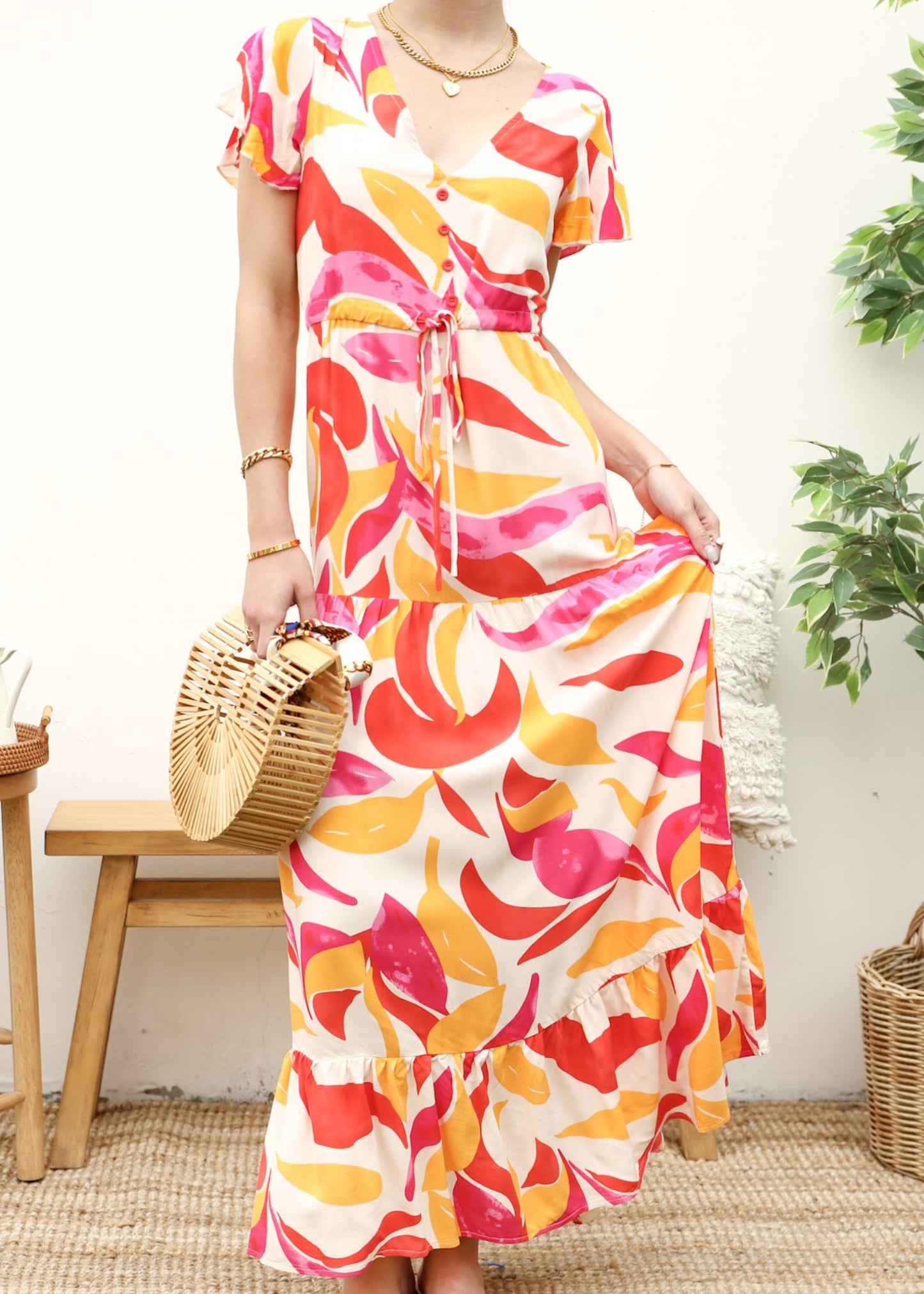 V Neck Tropical Print Maxi Dress