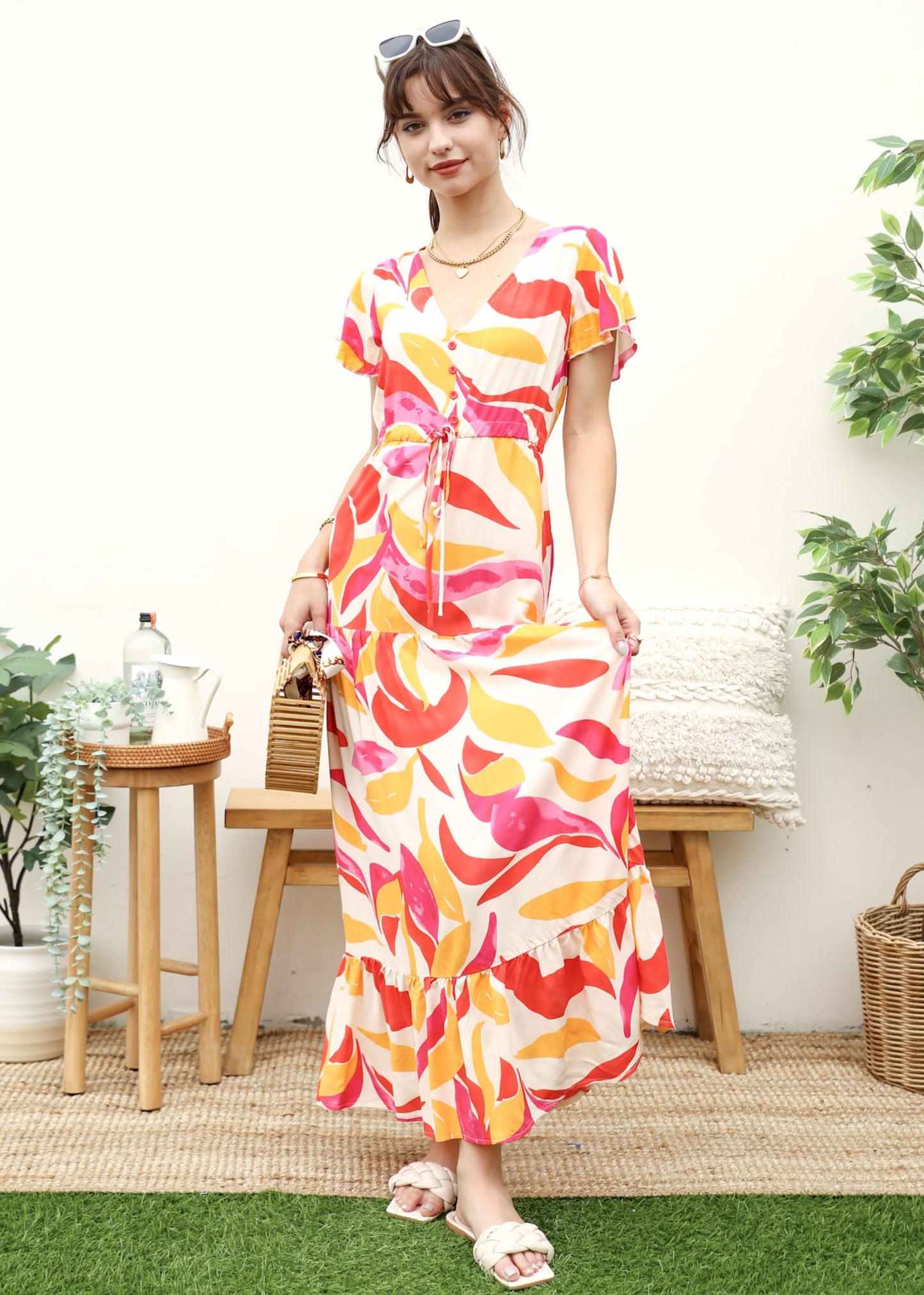 V Neck Tropical Print Maxi Dress
