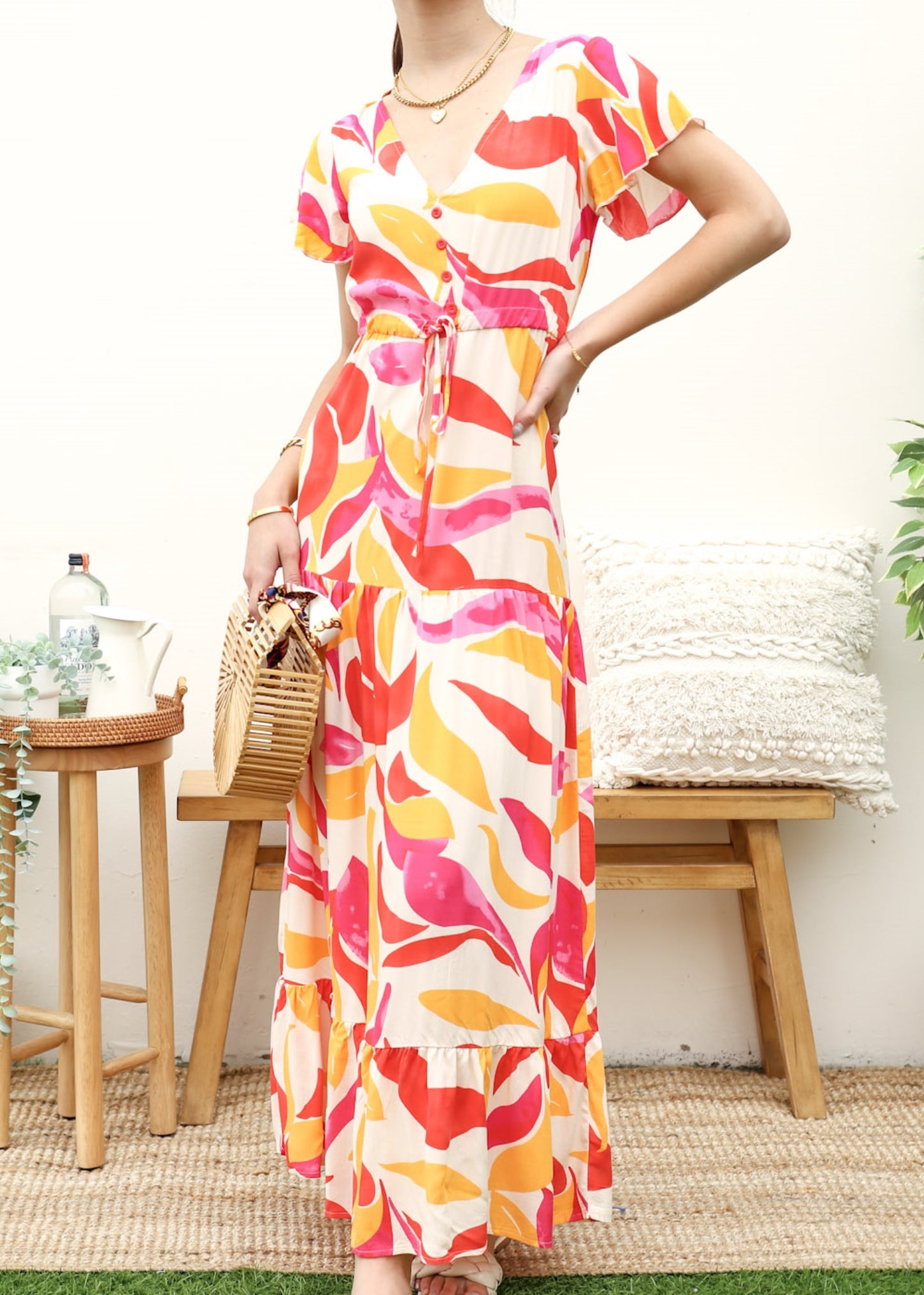 V Neck Tropical Print Maxi Dress