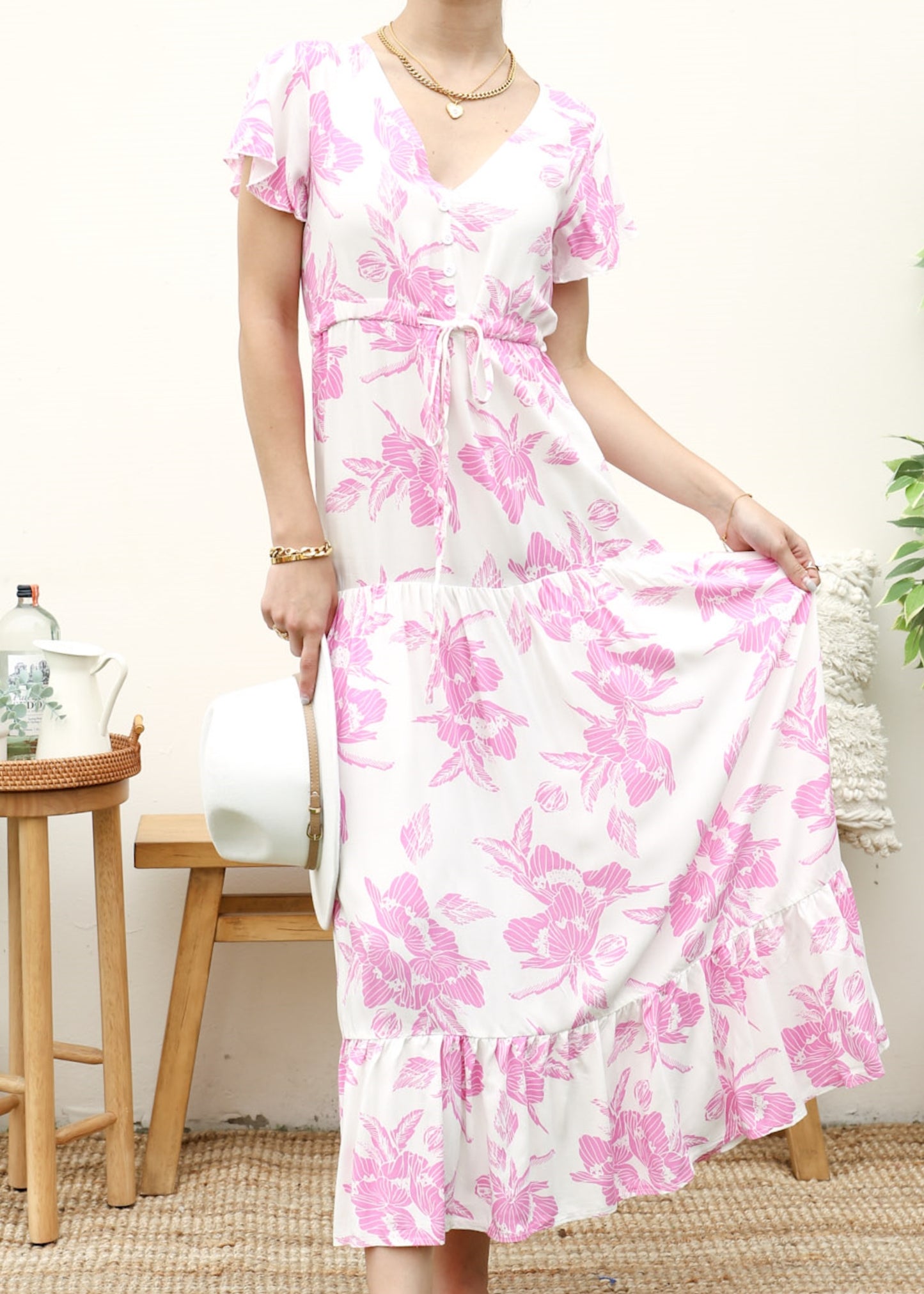 V Neck Tropical Print Maxi Dress