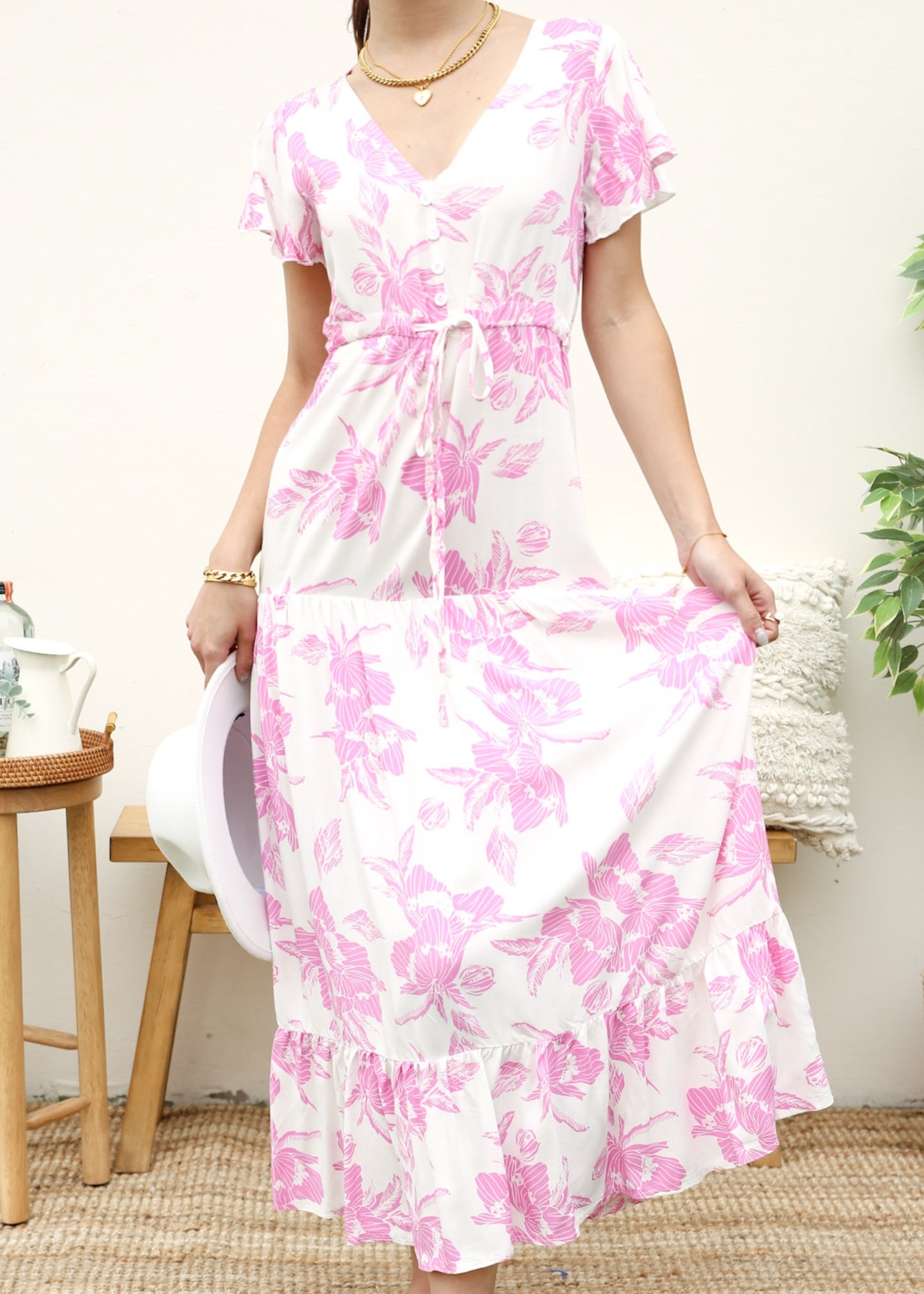 V Neck Tropical Print Maxi Dress