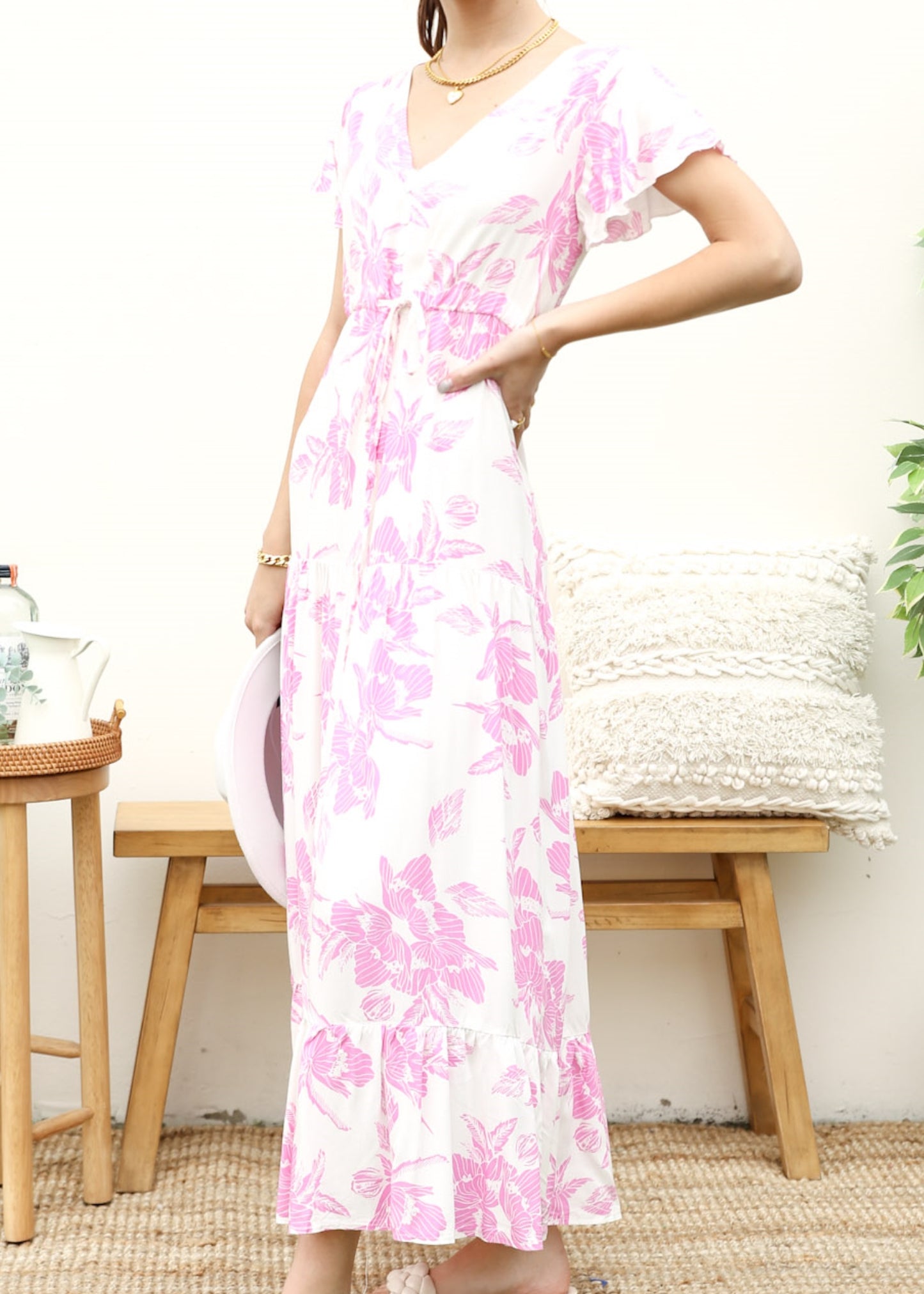 V Neck Tropical Print Maxi Dress