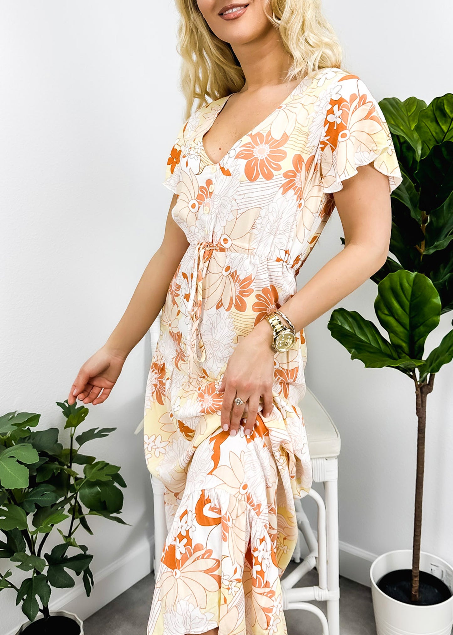 V Neck Tropical Print Maxi Dress