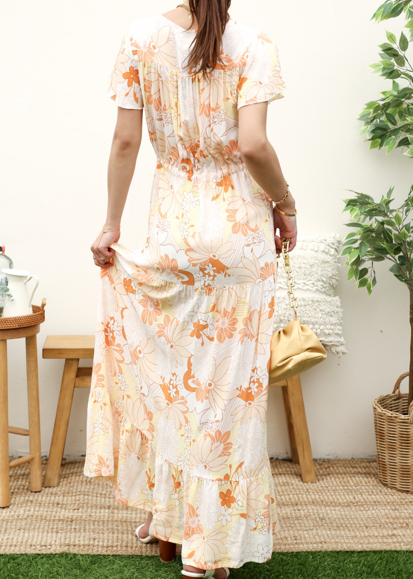 V Neck Tropical Print Maxi Dress