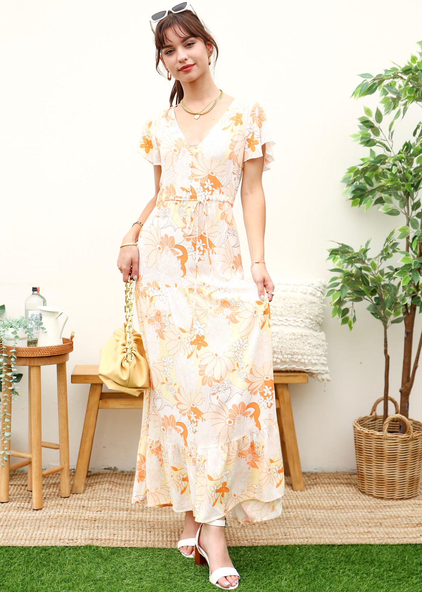 V Neck Tropical Print Maxi Dress