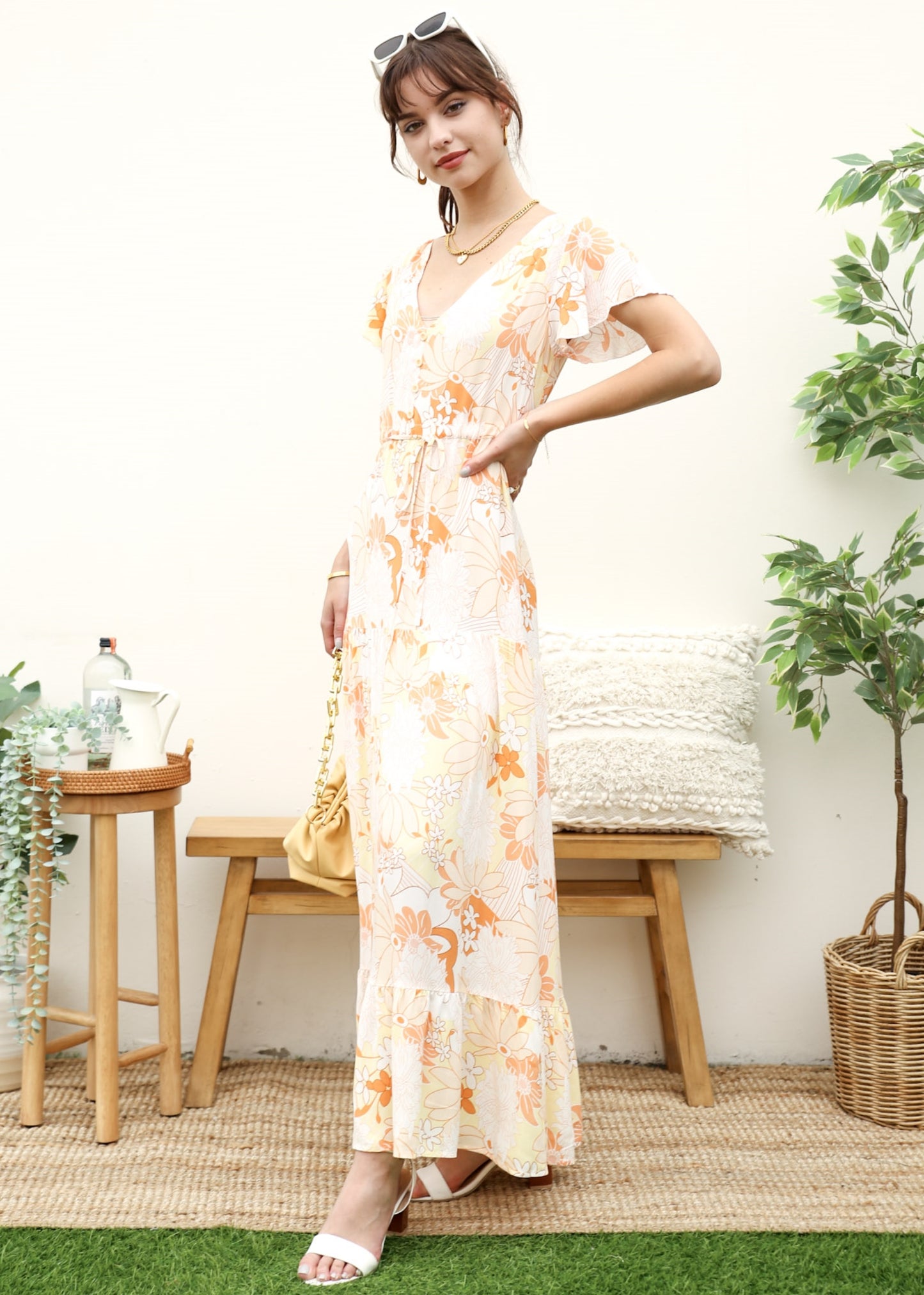 V Neck Tropical Print Maxi Dress