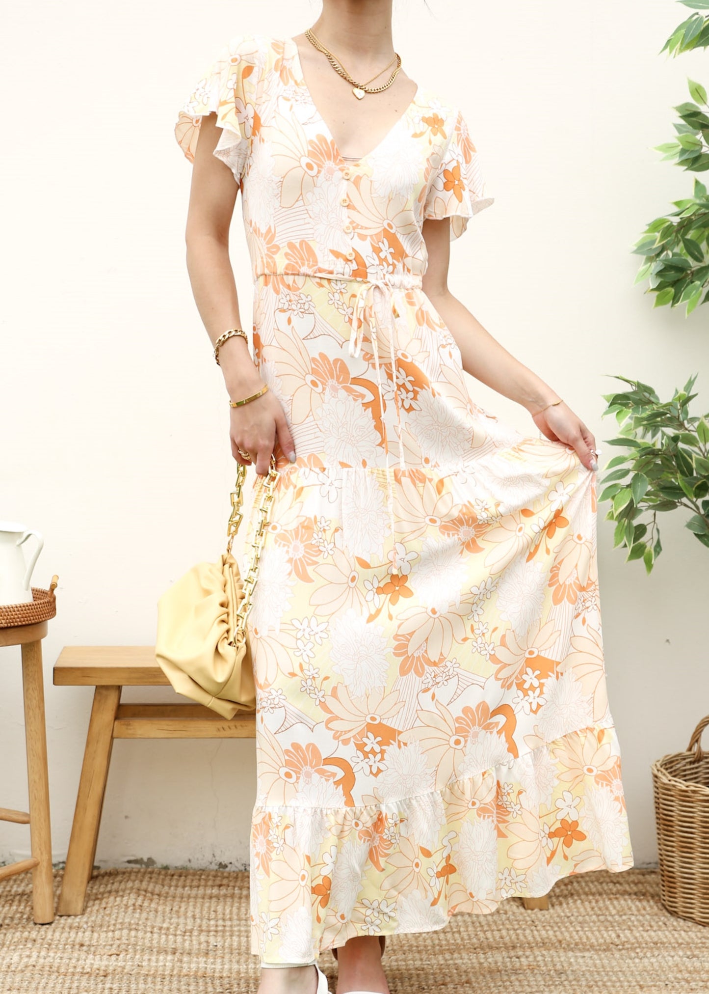 V Neck Tropical Print Maxi Dress