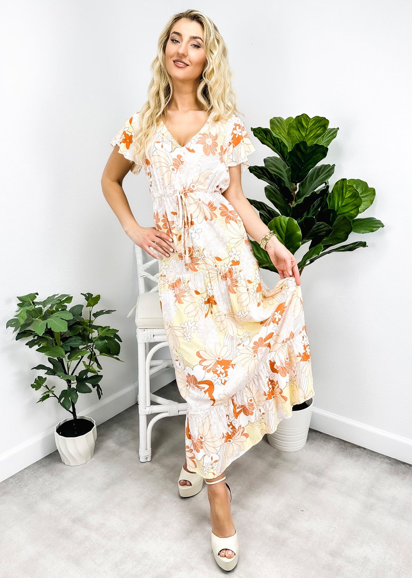 V Neck Tropical Print Maxi Dress