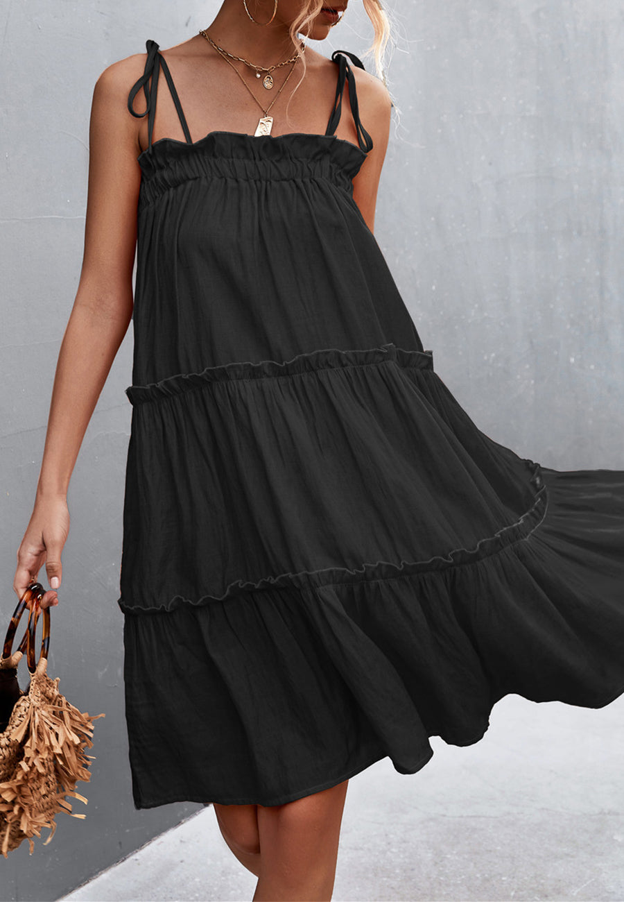 Tie Shoulder Ruffle Tiered Dress