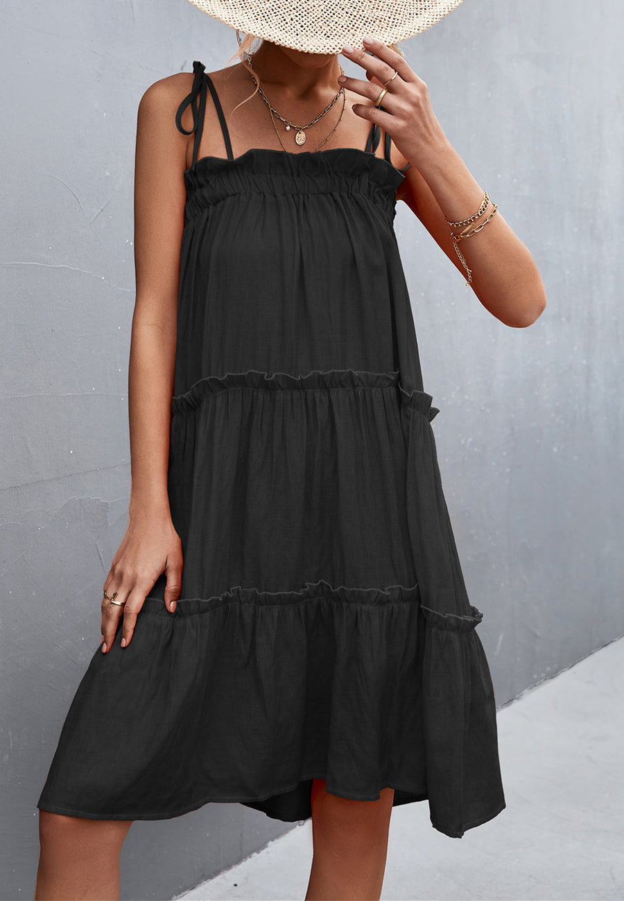 Tie Shoulder Ruffle Tiered Dress
