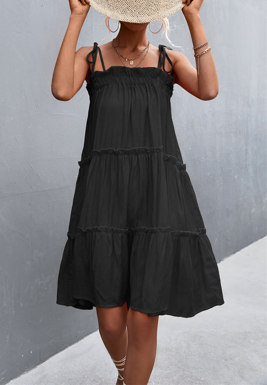 Tie Shoulder Ruffle Tiered Dress