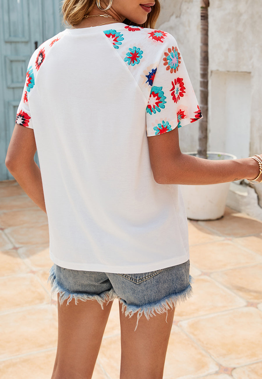 Anna-Kaci Women's Short Sleeve Pullover Shirt with Multicolor Embroidered Floral Pattern Sleeves and Relaxed Fit