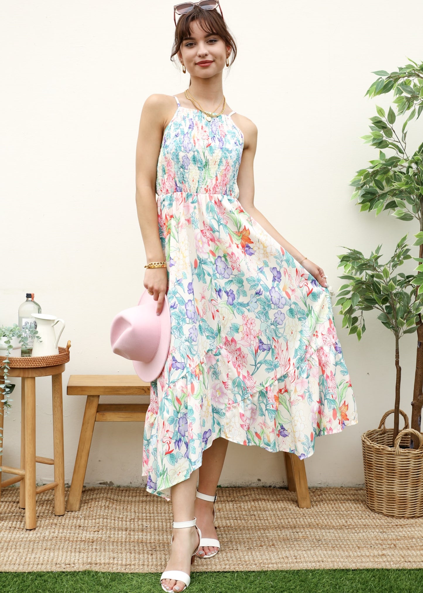 Multicolor Floral Print Halter Dress
