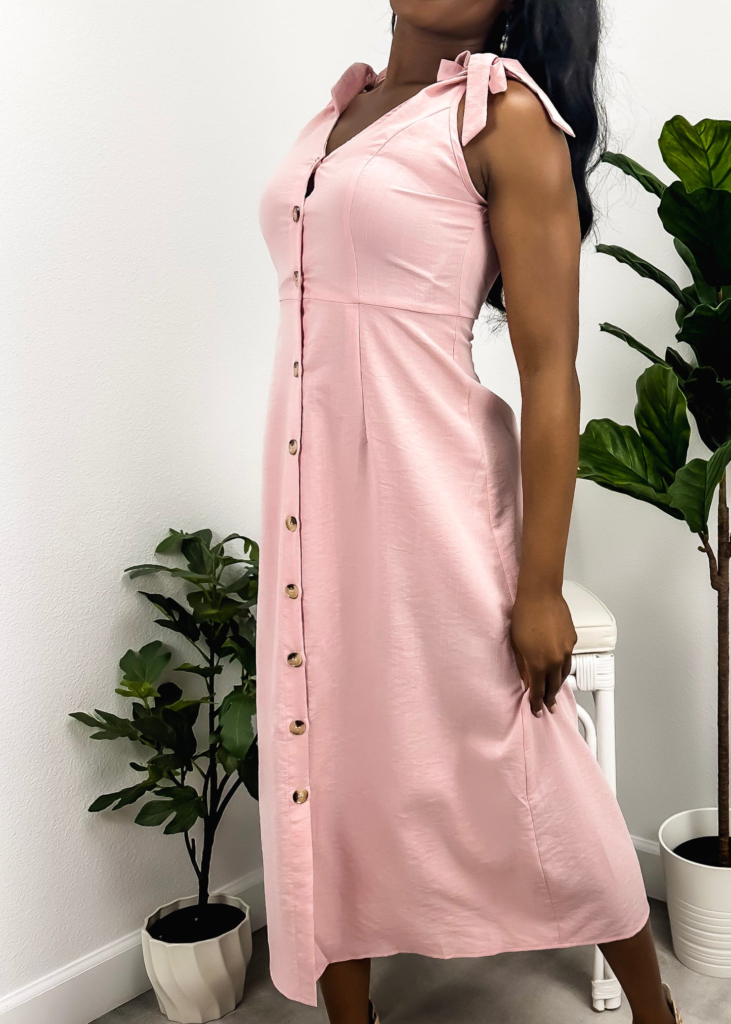 Tie Shoulder Contrast Button Dress