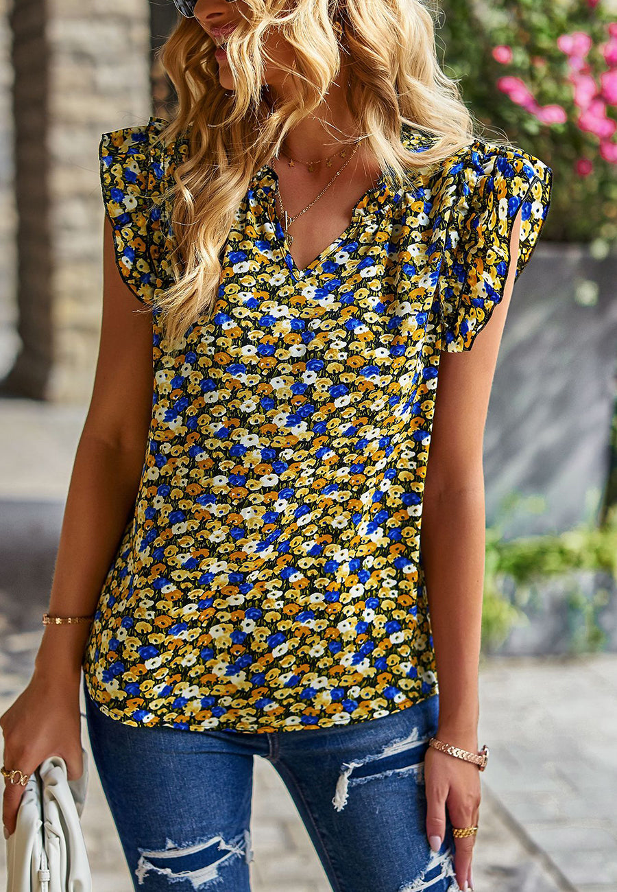 Split V Neck Ruffle Sleeve Blouse