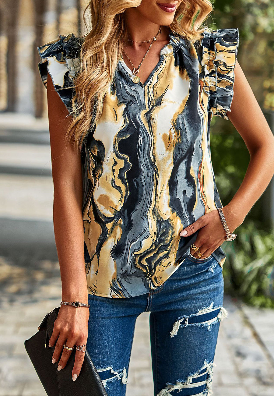 Split V Neck Ruffle Sleeve Blouse