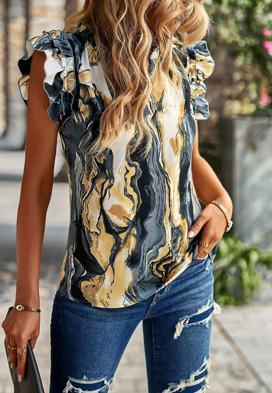 Split V Neck Ruffle Sleeve Blouse