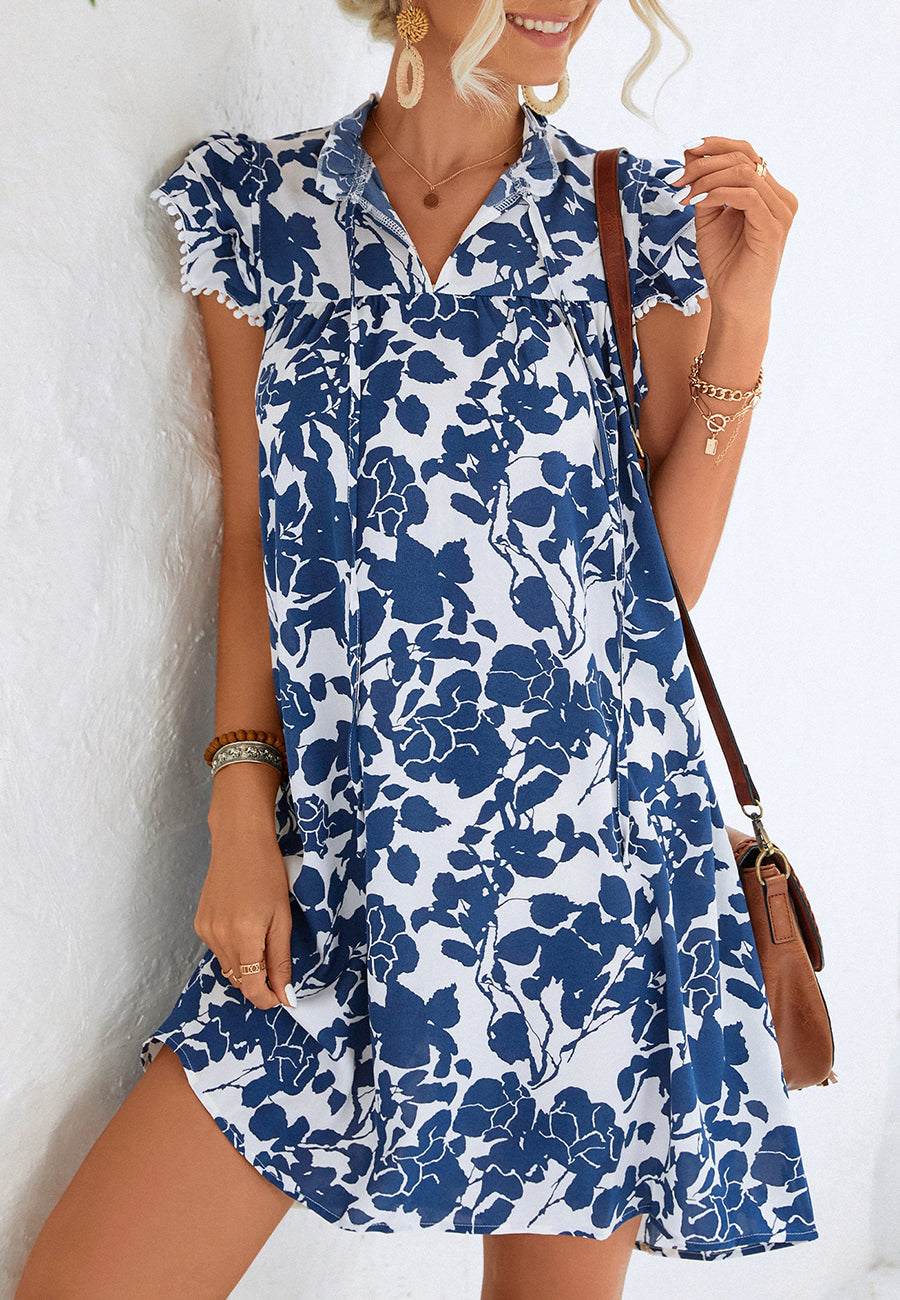 Tie Neck Ruffle Cap Sleeve Dress