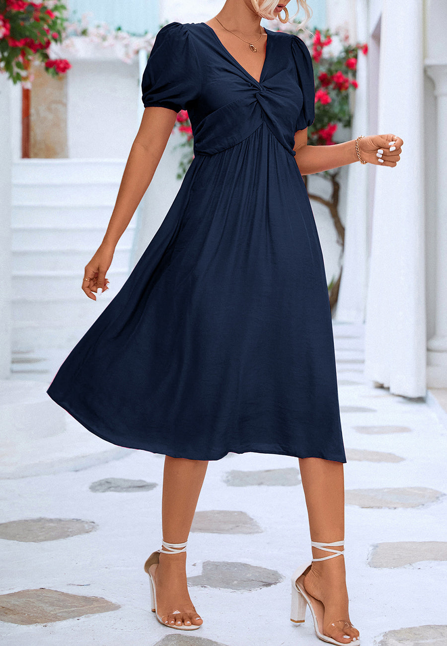 Twist Front Puff Sleeve Dress