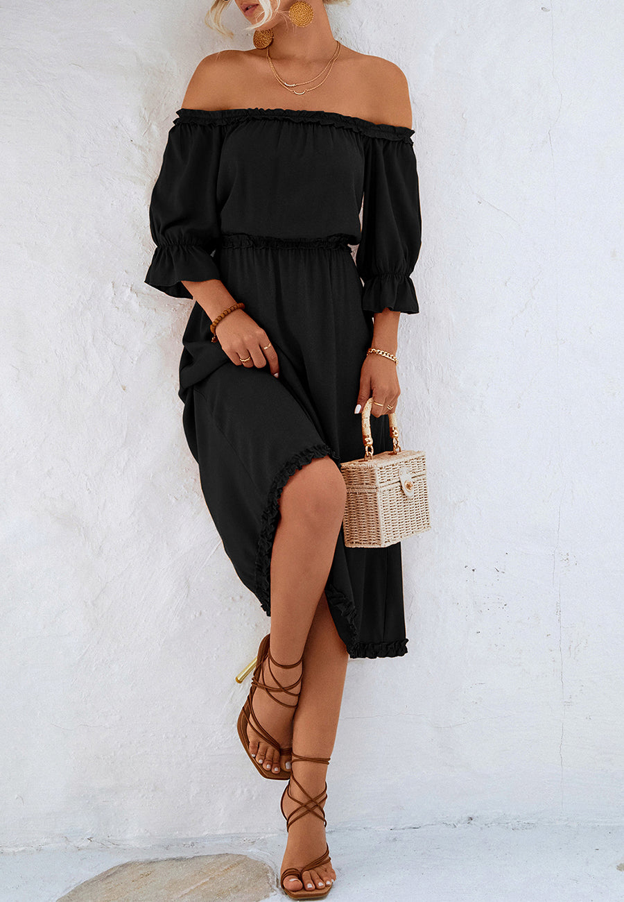 Vestido con hombros descubiertos y ribete de volantes