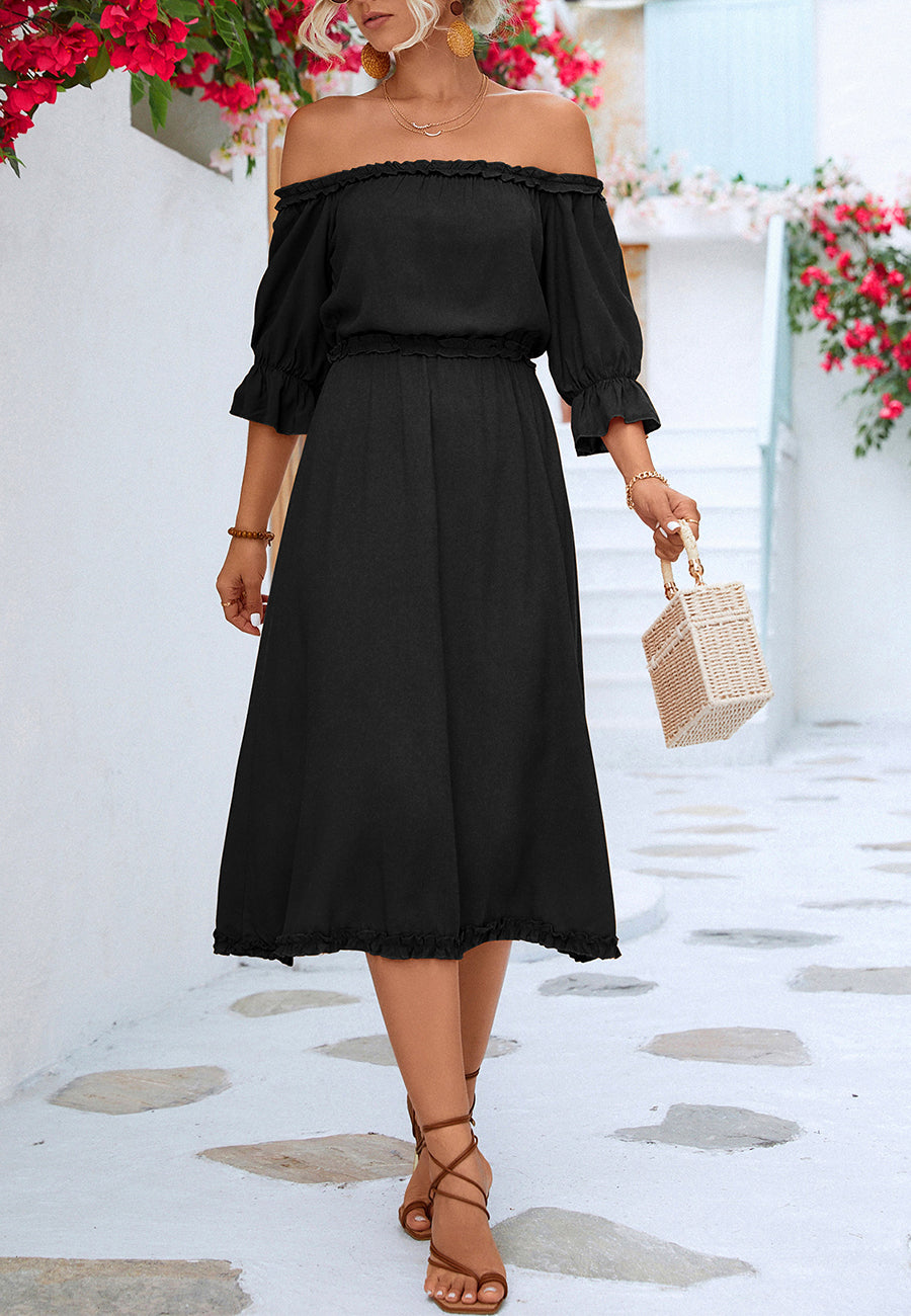 Vestido con hombros descubiertos y ribete de volantes