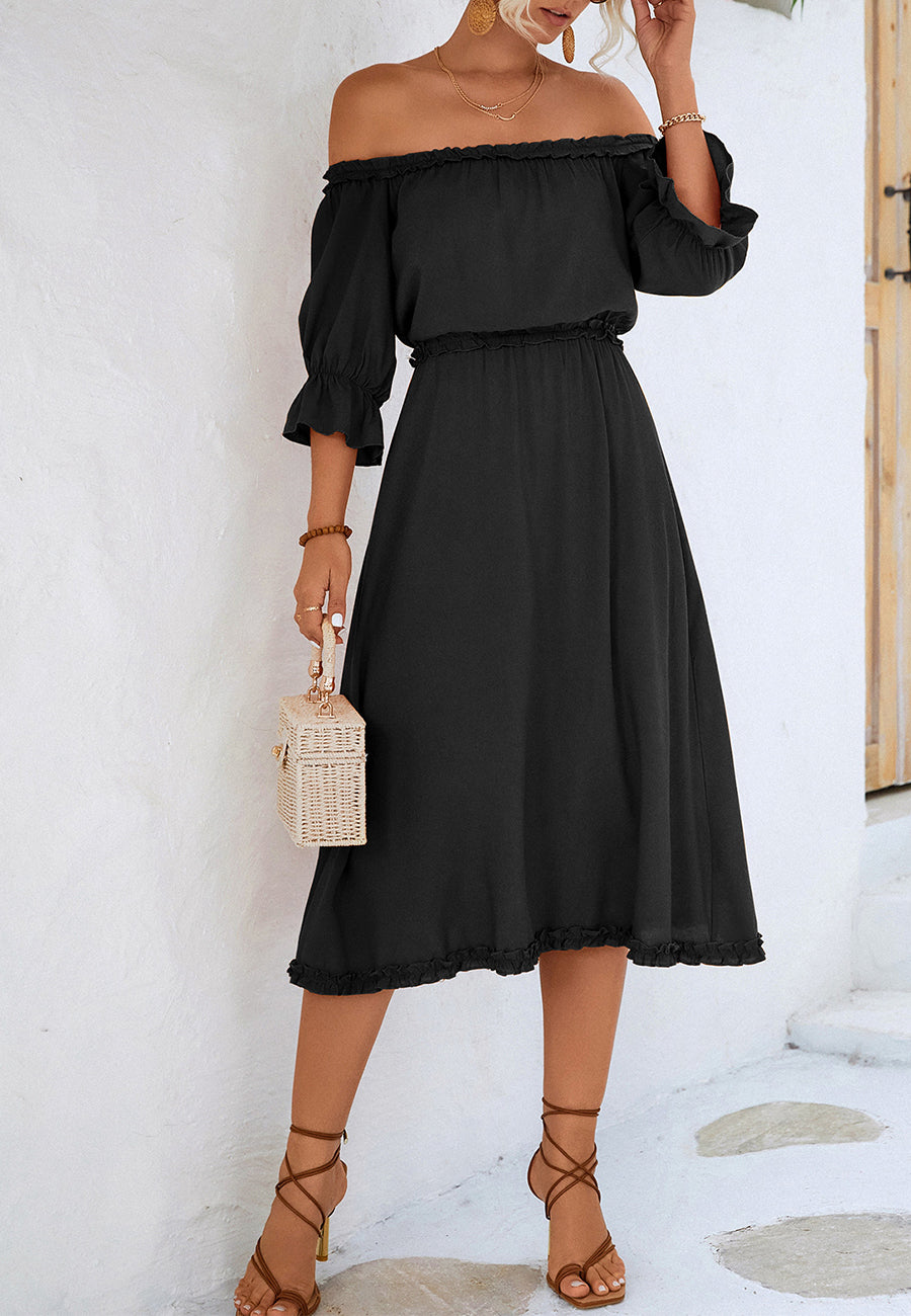 Vestido con hombros descubiertos y ribete de volantes