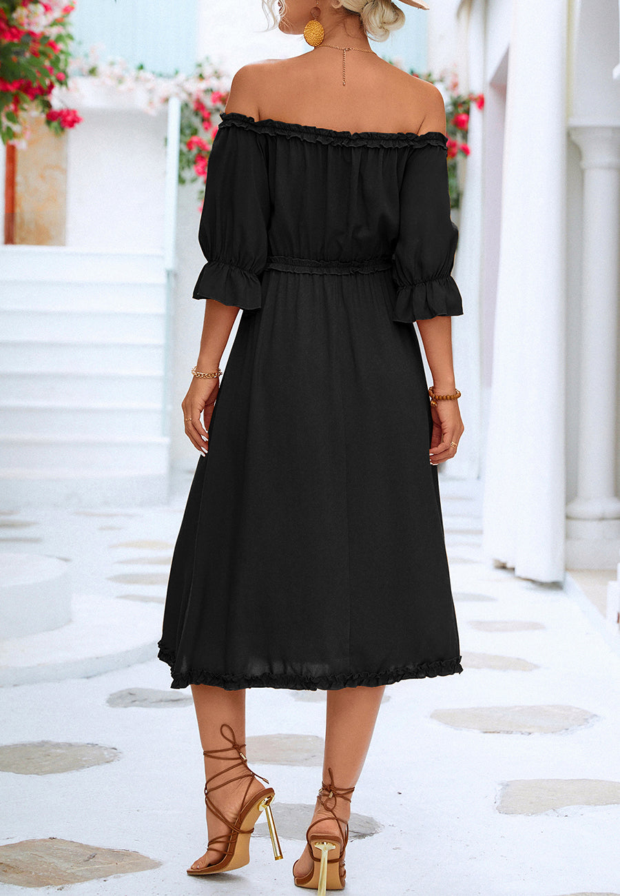 Vestido con hombros descubiertos y ribete de volantes