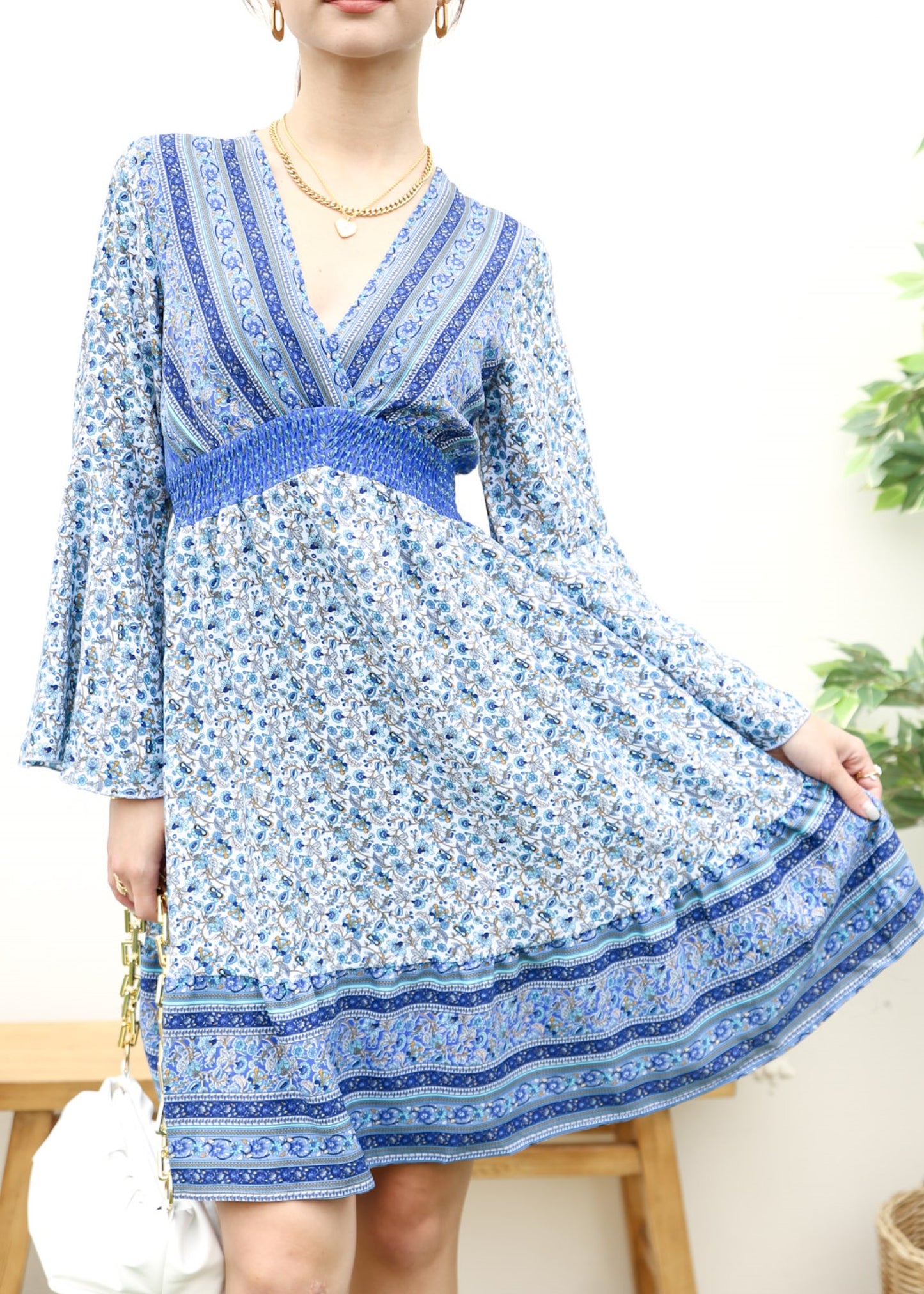 Surplice Shirred Waist Boho Dress