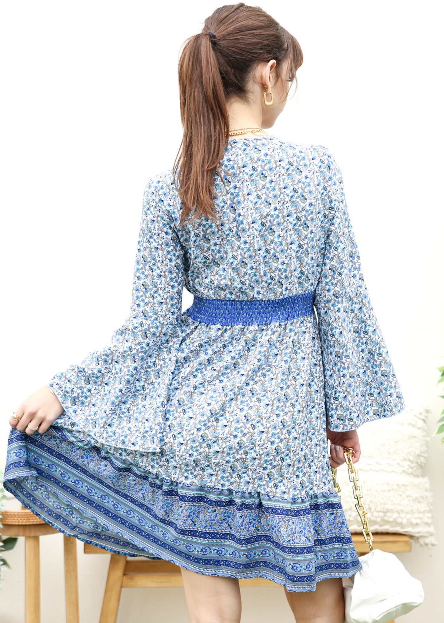 Surplice Shirred Waist Boho Dress