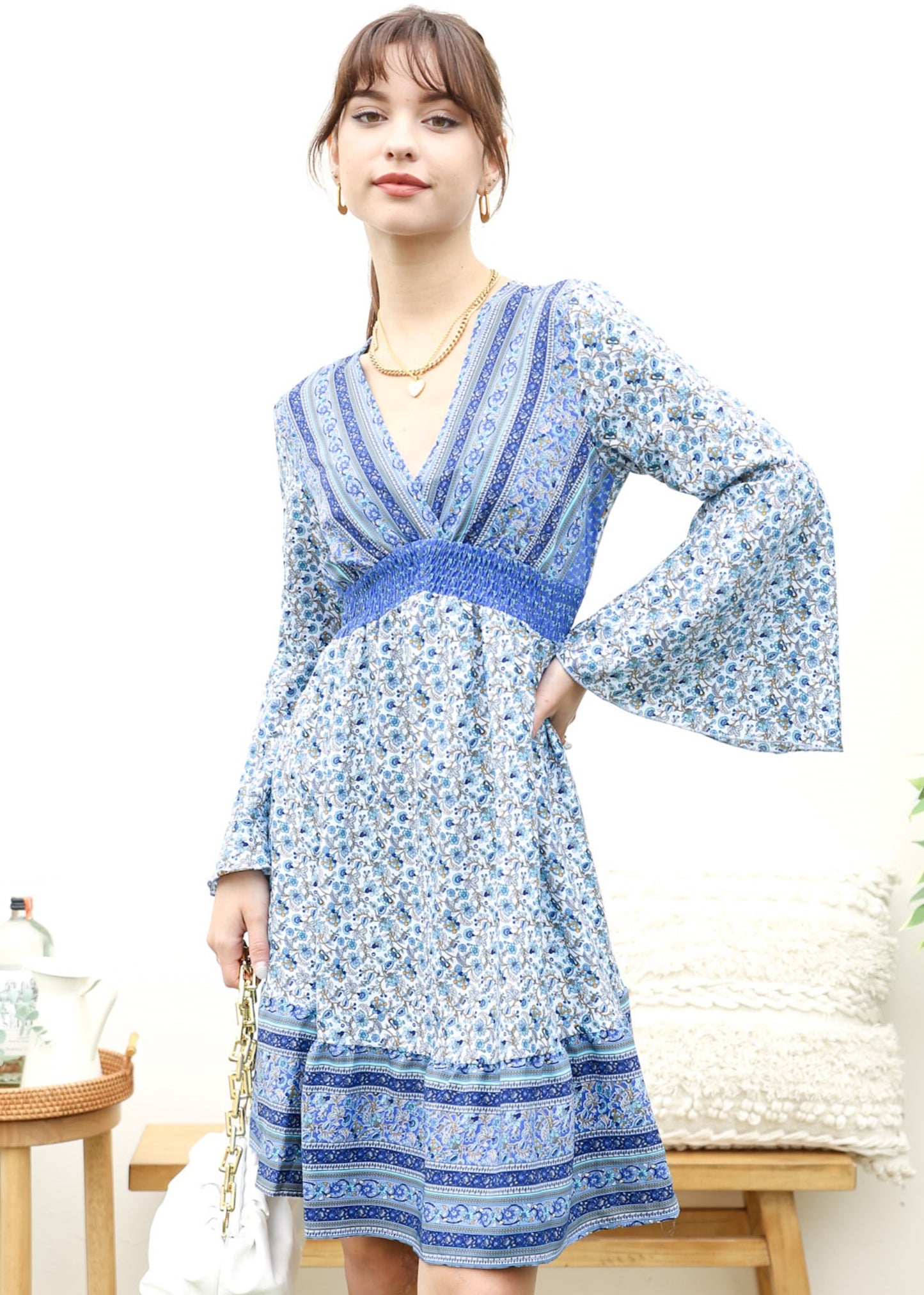 Surplice Shirred Waist Boho Dress